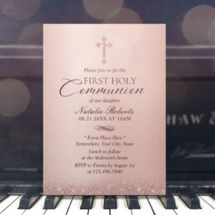 Invitation Première Sainte Communion moderne Rose or