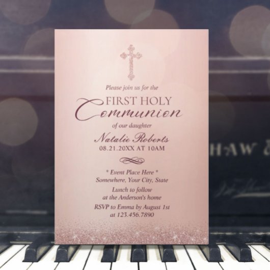 Invitation Première Sainte Communion moderne Rose or