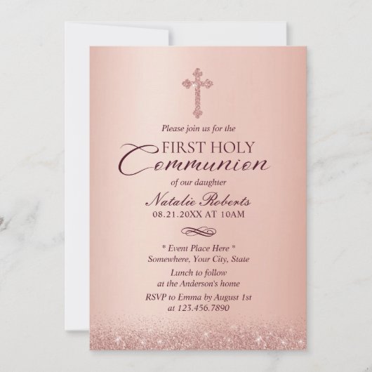 Invitation Première Sainte Communion moderne Rose or (Devant)