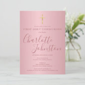 Invitation Première Sainte Communion moderne Script Rose or (Debout devant)
