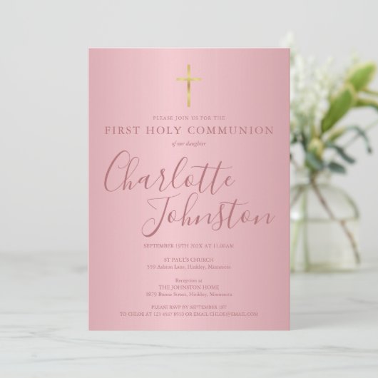 Invitation Première Sainte Communion moderne Script Rose or (Debout devant)