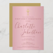 Invitation Première Sainte Communion moderne Script Rose or (Devant / Derrière)