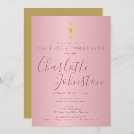 Invitation Première Sainte Communion moderne Script Rose or (Devant / Derrière)