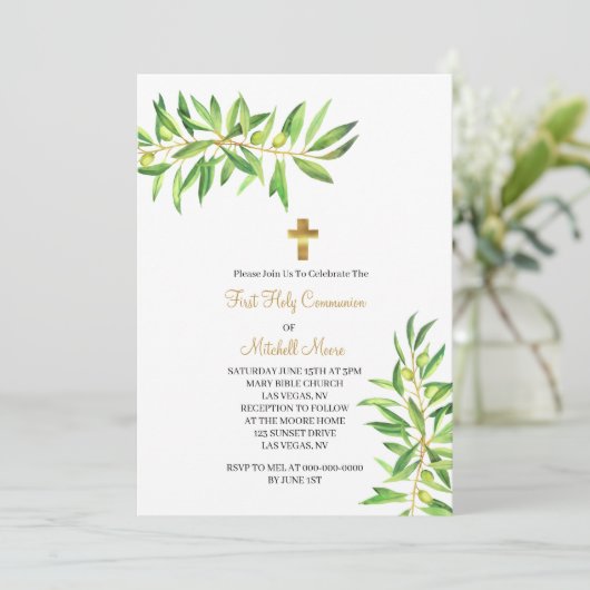 Invitation Première Sainte Communion Moderne Simple Olive Bra (Debout devant)