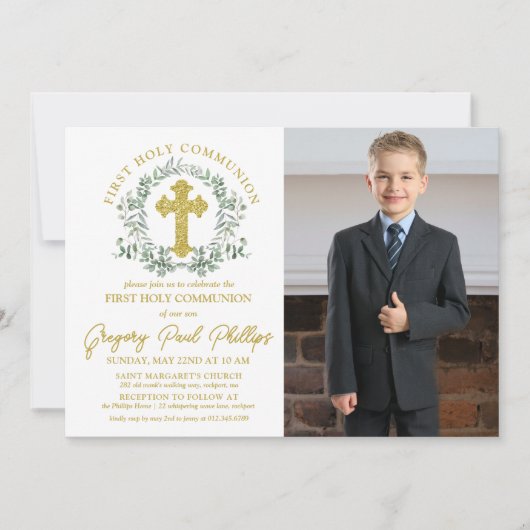 Invitation Première Sainte Communion Or Blanc Verdure Garçon (Devant)
