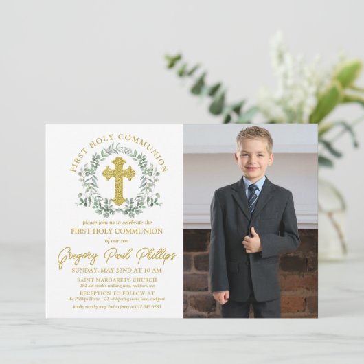 Invitation Première Sainte Communion Or Blanc Verdure Garçon (Debout devant)