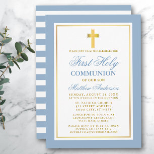 Invitation Première Sainte Communion Or Bleu clair rayé