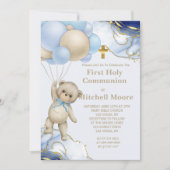 Invitation Première Sainte Communion Ours Balloon Bleu Gold S (Devant)