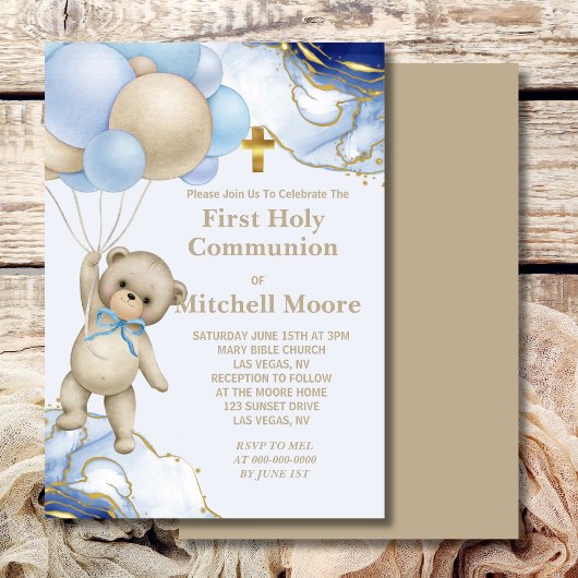 Invitation Première Sainte Communion Ours Balloon Bleu Gold S