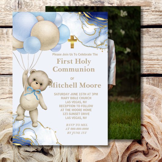 Invitation Première Sainte Communion Ours Balloon Bleu Gold S