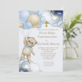Invitation Première Sainte Communion Ours Balloon Bleu Gold S (Debout devant)