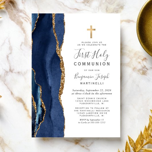 Invitation Première Sainte Communion Paillettes d'Or Agate Bl