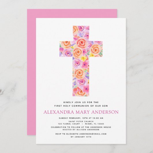 Invitation Première Sainte Communion Pastel Floral Rose (Devant / Derrière)