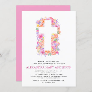 Invitation Première Sainte Communion Pastel Floral Rose
