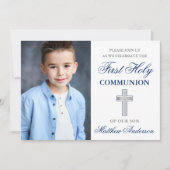 Invitation Première Sainte Communion Photo Bleu et Argent (Devant)