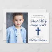 Invitation Première Sainte Communion Photo Bleue et Argent (Devant)