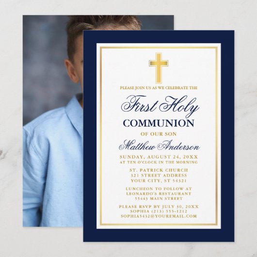 Invitation Première Sainte Communion Photo Blue Gold (Devant / Derrière)