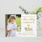 Invitation Première Sainte Communion Photo Jaune Blanc Floral (Debout devant)