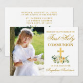 Invitation Première Sainte Communion Photo Jaune Blanc Floral (Devant / Derrière)