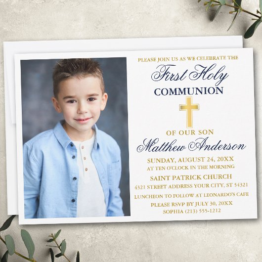 Invitation Première Sainte Communion Photo Marine Bleu et Or