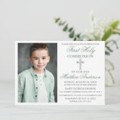 Invitation Première Sainte Communion Photo Sage Argent Vert (Debout devant)