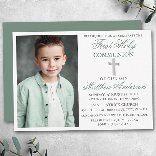 Invitation Première Sainte Communion Photo Sage Argent Vert