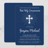 Invitation Première Sainte Communion pour Fils Croix Bleu Mar (Devant / Derrière)