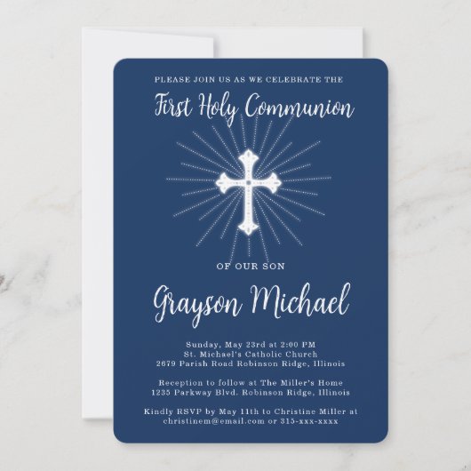 Invitation Première Sainte Communion pour Fils Croix Bleu Mar (Devant)