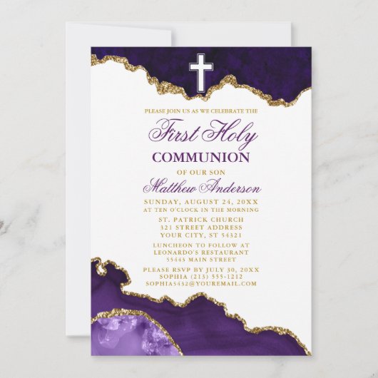 Invitation Première Sainte Communion Purple Gold Marble Géode (Devant)
