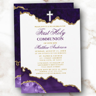Invitation Première Sainte Communion Purple Gold Marble Géode