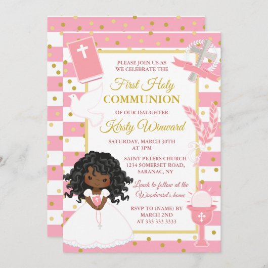 Invitation Première sainte communion rose africaine-américain (Devant / Derrière)