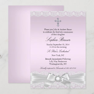 Invitation Première Sainte Communion Rose avec Nœud et Croix