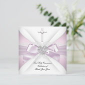 Invitation Première Sainte Communion Rose Blanc Silver Heart  (Debout devant)