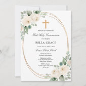 Invitation Première Sainte Communion Rose Blanche Florale (Devant)