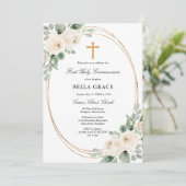 Invitation Première Sainte Communion Rose Blanche Florale (Debout devant)
