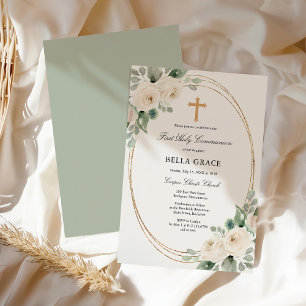 Invitation Première Sainte Communion Rose Blanche Florale