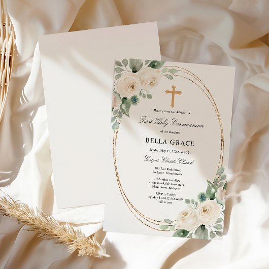 Invitation Première Sainte Communion Rose Blanche Florale