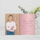 Invitation Première Sainte Communion Rose Coeurs d'or Photo (Debout devant)