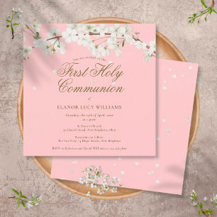 Invitation Première Sainte Communion Rose Élégante Fleur Blan