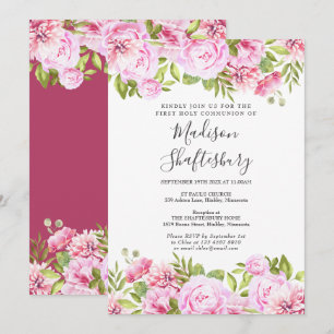 Invitation Première Sainte Communion Rose Floral Rose
