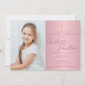 Invitation Première Sainte Communion Rose Gold Script Photo (Devant)