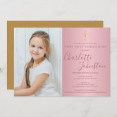 Invitation Première Sainte Communion Rose Gold Script Photo (Devant / Derrière)
