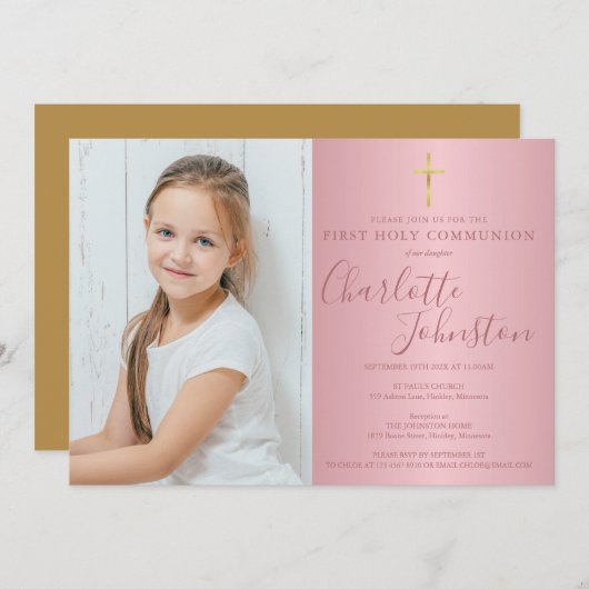 Invitation Première Sainte Communion Rose Gold Script Photo (Devant / Derrière)