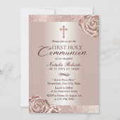 Invitation Première Sainte Communion Rose moderne Or Floral (Devant)