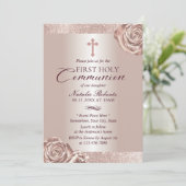 Invitation Première Sainte Communion Rose moderne Or Floral (Debout devant)