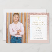 Invitation Première Sainte Communion Rose Or Glitter Photo (Devant)
