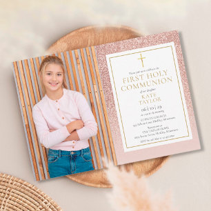 Invitation Première Sainte Communion Rose Or Paillettes Photo