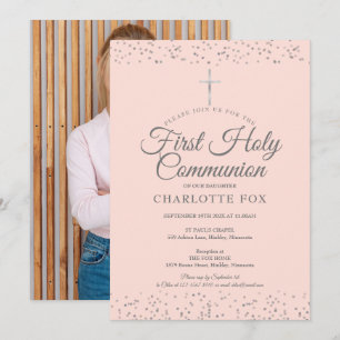 Invitation Première Sainte Communion Rose Pâle Argent Photo