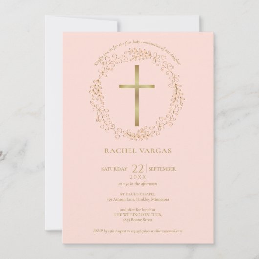 Invitation Première Sainte Communion Rose Pâle Croix Dorée Fl (Devant)