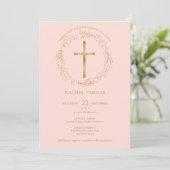 Invitation Première Sainte Communion Rose Pâle Croix Dorée Fl (Debout devant)